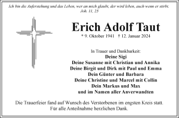 Traueranzeige von Erich Taut von Frankenpost