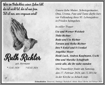 Traueranzeige von Ruth Richter von Südthüringer Presse