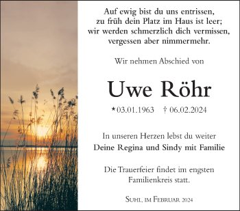 Traueranzeige von Uwe Röhr von Südthüringer Presse