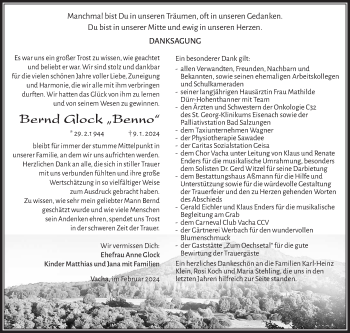 Traueranzeige von Bernd Glock von Südthüringer Presse