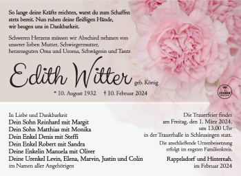 Traueranzeige von Edith Witter von Südthüringer Presse