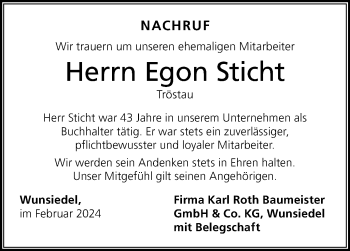 Traueranzeige von Egon Sticht von Frankenpost