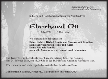 Traueranzeige von Eberhard Ott von Südthüringer Presse