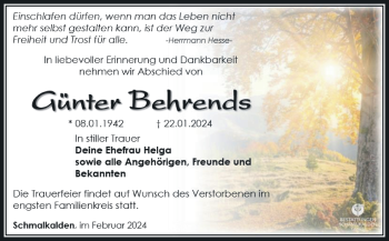 Traueranzeige von Günter Behrends von Südthüringer Presse