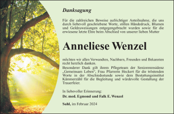 Traueranzeige von Anneliese Wenzel von Südthüringer Presse