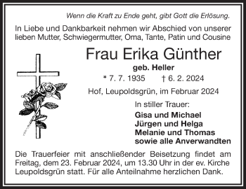 Traueranzeige von Erika Günther von Frankenpost