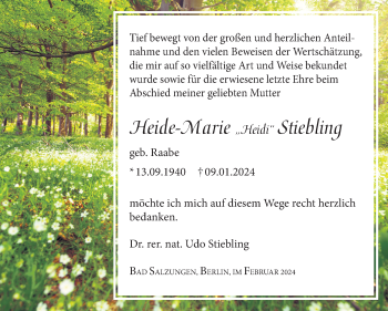 Traueranzeige von Heide-Marie Stiebling von Südthüringer Presse