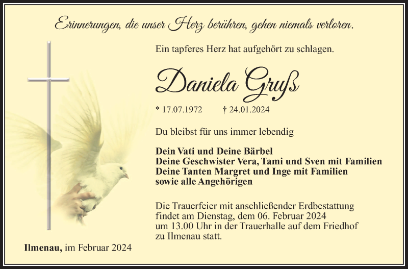  Traueranzeige für Daniela Gruß vom 03.02.2024 aus Südthüringer Presse