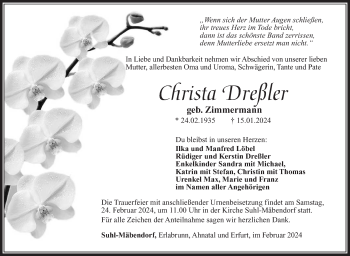 Traueranzeige von Christa Dreßler von Südthüringer Presse