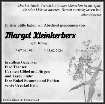 Traueranzeige von Margot Kleinherbers von Südthüringer Presse
