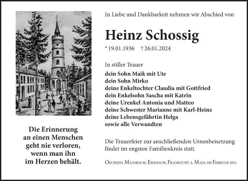  Traueranzeige für Heinz Schossig vom 17.02.2024 aus Südthüringer Presse