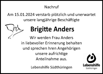 Traueranzeige von Brigitte Anders von Südthüringer Presse
