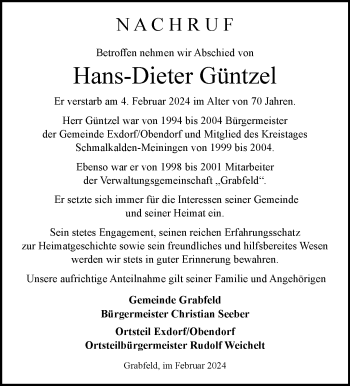 Traueranzeige von Hans-Dieter Güntzel von Südthüringer Presse