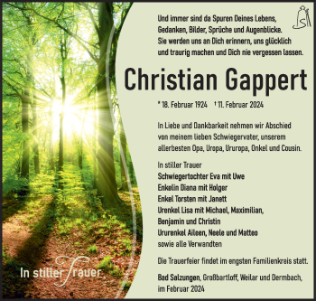 Traueranzeige von Christian Gappert von Südthüringer Presse