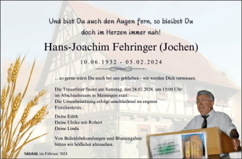 Traueranzeige von Hans-Joachim Fehringer von Südthüringer Presse
