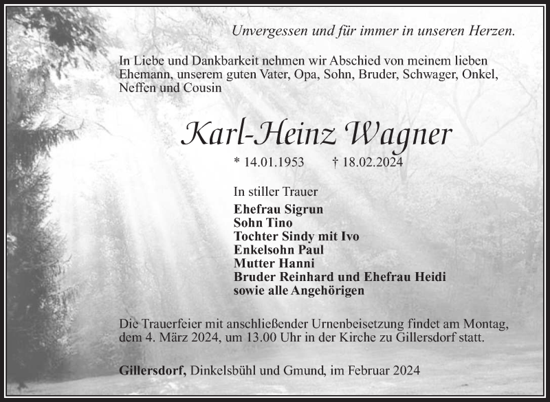  Traueranzeige für Karl-Heinz Wagner vom 24.02.2024 aus Südthüringer Presse