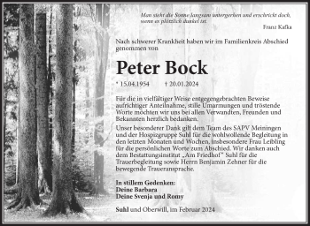 Traueranzeige von Peter Bock von Südthüringer Presse