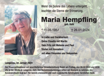 Traueranzeige von Maria Hempfling von Neue Presse Coburg