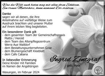Traueranzeige von Ingrid Zentgraf von Südthüringer Presse