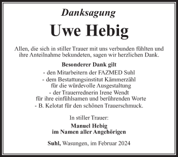 Traueranzeige von Uwe Hebig von Südthüringer Presse