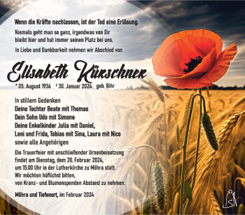 Traueranzeige von Elisabeth Kürschner von Südthüringer Presse