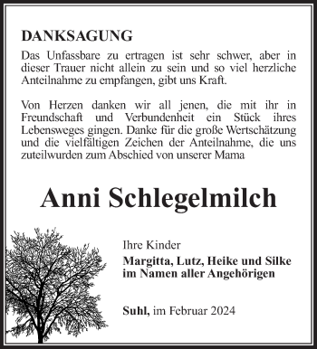 Traueranzeige von Anni Schlegelmilch von Südthüringer Presse
