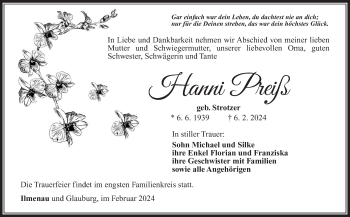 Traueranzeige von Hanni Preiß von Südthüringer Presse