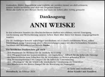 Traueranzeige von Anni Weiske von Südthüringer Presse