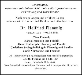 Traueranzeige von Helfried Flemmig von Südthüringer Presse