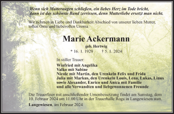 Traueranzeige von Marie Ackermann von Südthüringer Presse