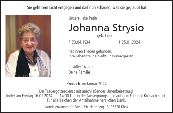 Traueranzeige von Johanna Strysio von Neue Presse Coburg