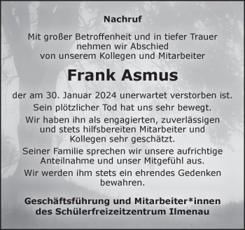 Traueranzeige von Frank Asmus von Südthüringer Presse
