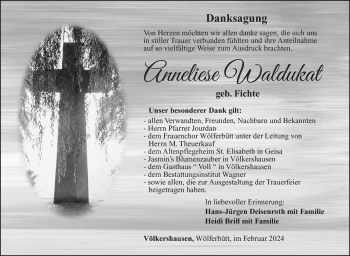 Traueranzeige von Anneliese Waldukat von Südthüringer Presse