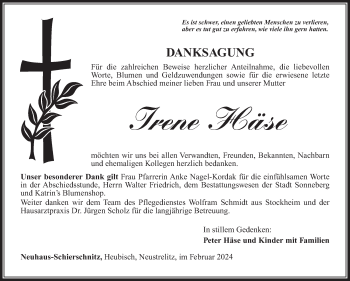 Traueranzeige von Irene Häse von Südthüringer Presse
