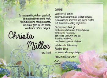 Traueranzeige von Christa Müller von Südthüringer Presse