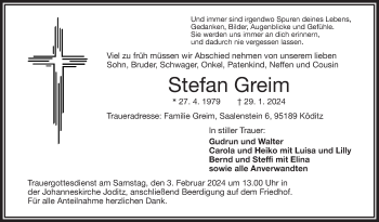 Traueranzeige von Stefan Greim von Frankenpost