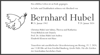 Traueranzeige von Bernhard Hubel von Neue Presse Coburg