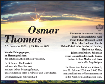 Traueranzeige von Osmar Thomas von Südthüringer Presse