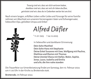 Traueranzeige von Alfred Däfler von Südthüringer Presse