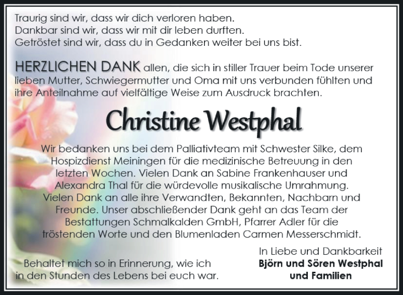  Traueranzeige für Christine Westphal vom 17.02.2024 aus Südthüringer Presse