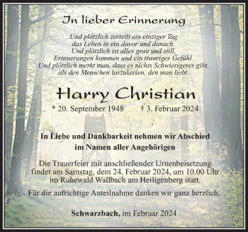 Traueranzeige von Harry Christian von Südthüringer Presse