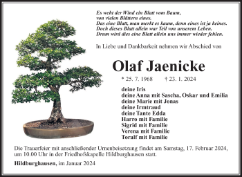 Traueranzeige von Olaf Jaenicke von Südthüringer Presse