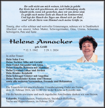 Traueranzeige von Helene Annacker von Südthüringer Presse