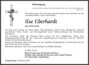 Traueranzeige von Ilse Eberhardt von Südthüringer Presse