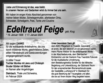 Traueranzeige von Edeltraud Feige von Südthüringer Presse