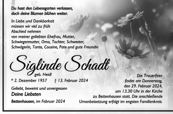 Traueranzeige von Síglinde Schadt von Südthüringer Presse