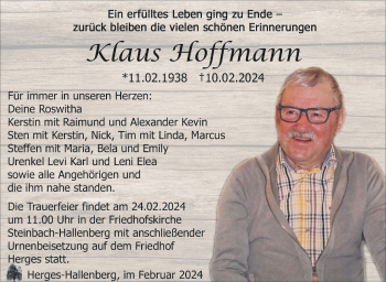 Traueranzeige von Klaus Hoffmann von Südthüringer Presse