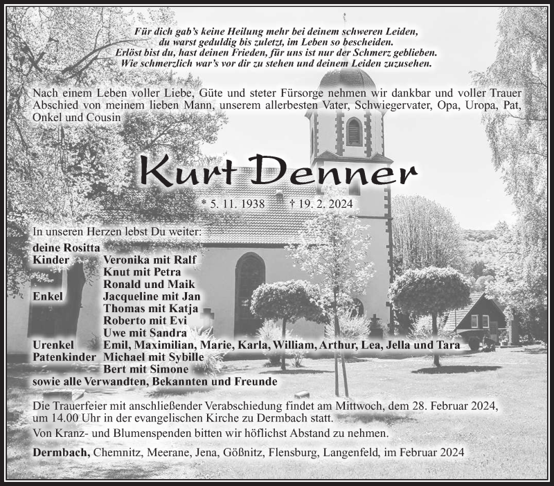  Traueranzeige für Kurt Denner vom 24.02.2024 aus Südthüringer Presse