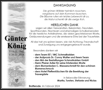 Traueranzeige von Günter König von Südthüringer Presse