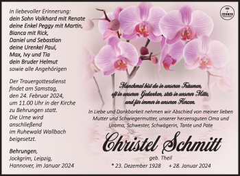 Traueranzeige von Christel Schmitt von Südthüringer Presse